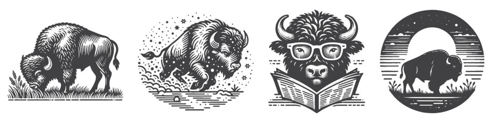 Vintage Hand-Drawn Bison Running Illustration, Animal Engraved Vector for Wildlife and T-Shirt Design