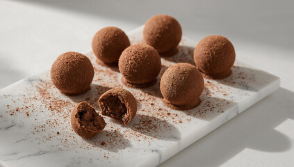Photo of delicious chocolate truffles dusted with cocoa powder are displayed on a white marble serving platter in the studio