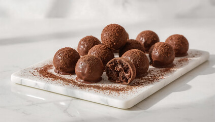 Photo of delicious chocolate truffles displayed on a marble serving plate creating an elegant and indulgent dessert scene
