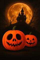 Halloween pumpkins with spooky faces set against moonlit haunted house and dark background