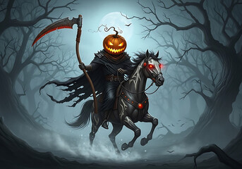 A headless horseman with a pumpkin head riding a horse in a spooky forest at night with a scythe