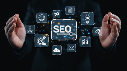 SEO concept for improving SEO visibility, with SEO related digital tools and SEO performance icons shown in an focused layout for strategic marketing. Elide