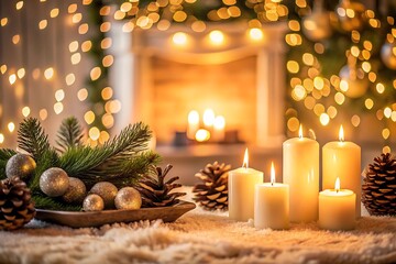 Cozy christmas scene with glowing candles and festive decorations