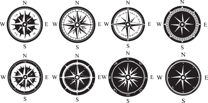 Vector art of collection of eight different compass rose designs, isolated on white background, showcasing various styles of directional pointers for navigation and guidance
