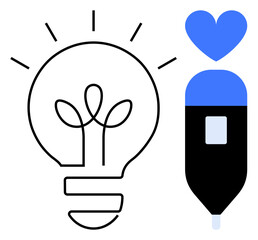 Lightbulb with plant-shaped filament and fountain pen with heart. Ideal for creativity, innovation, sustainability, design, education, inspiration, and branding. Perfect for a simple landing page