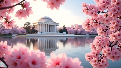 Scenic View of Jefferson Memorial During Cherry Blossom Season