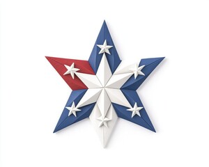 Dimensional starburst with alternating blue, white, and red segments. Smaller white stars dot the surface, creating a patriotic, decorative graphic element