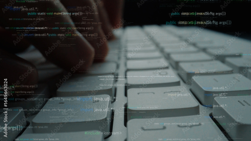 Poster this image depicts a close-up view of hands typing on a keyboard with coding lines illuminated in th