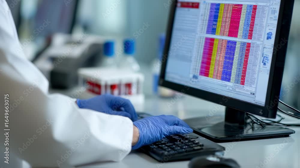 Poster closeup of hematology technologist comparing blood test results on a computer screen crosschecking d
