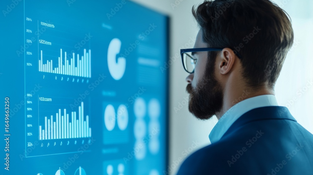 Poster analyst reviewing data visualization on screen, business intelligence, analytics