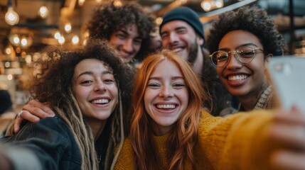 Fototapeta premium Group of diverse Gen Z friends laughing and taking a selfie at a cafe