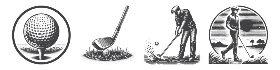 Vintage Hand-Drawn Golfer Walking On Fairway Illustration, Sports Player Engraved Vector for Golf and T-Shirt Design