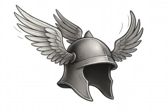 Winged roman helmet pencil sketch representing courage, liberty, mythological strength against transparent backdrop