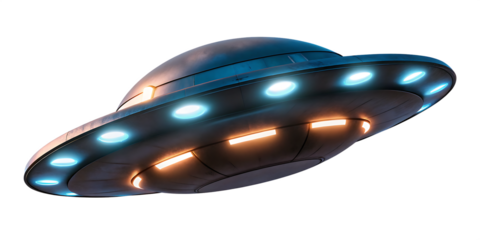Flying saucer with blue and orange lights isolated on a transparent background