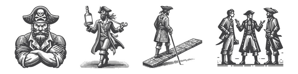 Fototapeta premium Vintage Hand-Drawn Pirate Angry Face Illustration, Nautical Character Engraved Vector for Adventure and T-Shirt Design