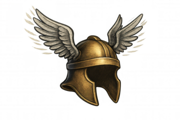 Golden roman helmet with wings flying on a transparent background, ideal for historical or fantasy projects