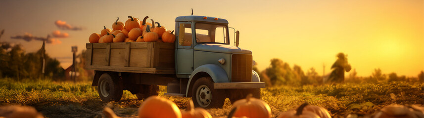 Cargo truck carrying orange pumpkins fruit in an orchard with sunset. Concept of food production, transportation, cargo and shipping.