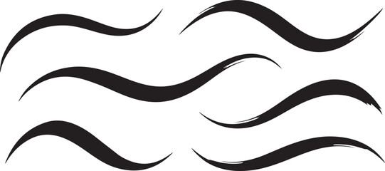 Vector art of set of six black brush stroke waves isolated on white background, representing abstract design elements with a handdrawn, artistic feel