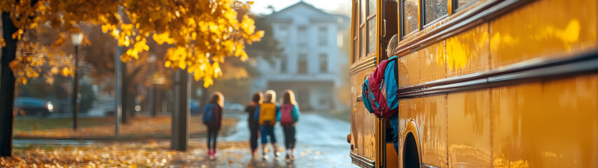 Obraz premium Children step off a yellow school bus toward a large school building; autumn leaves and sunlight evoke warmth, motion, and nostalgic energy. Back To School concept.