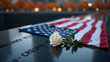 American Flag Draped Beside White Rose on 9/11 Nameplate