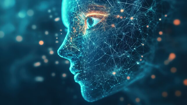 Futuristic Digital Face with Neural Network Visualization - Powered by Adobe