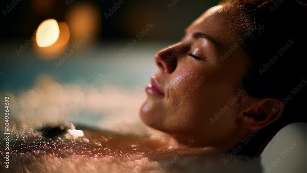 Poster focused medium shot of a person reclining in warm bathwater gentle bokeh effect on surrounding healt
