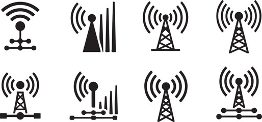 Vector art of collection of wireless communication signal and antenna tower icons isolated on white background