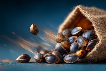 A burlap bag spills various seeds onto a smooth blue surface, capturing the movement and texture in a still life composition. The contrasting colors enhance the visual appeal Generative AI