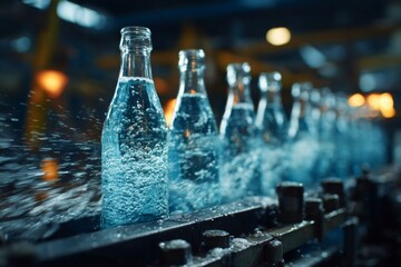 Bottles filled with sparkling water move along a conveyor belt in a busy manufacturing plant. Water bubbles create a dynamic visual as they are processed efficiently Generative AI