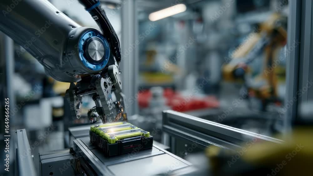 Poster medium shot detailed view of a robot inserting a fresh swappable battery into its slot foreground el