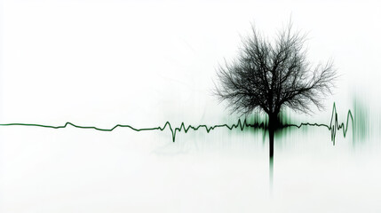 Abstract tree silhouette with a vibrant green heartbeat line. Represents the pulse of nature and life's resilience.