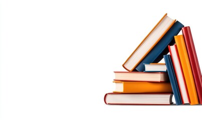 Stacked books leaning against each other with colorful covers on a white background