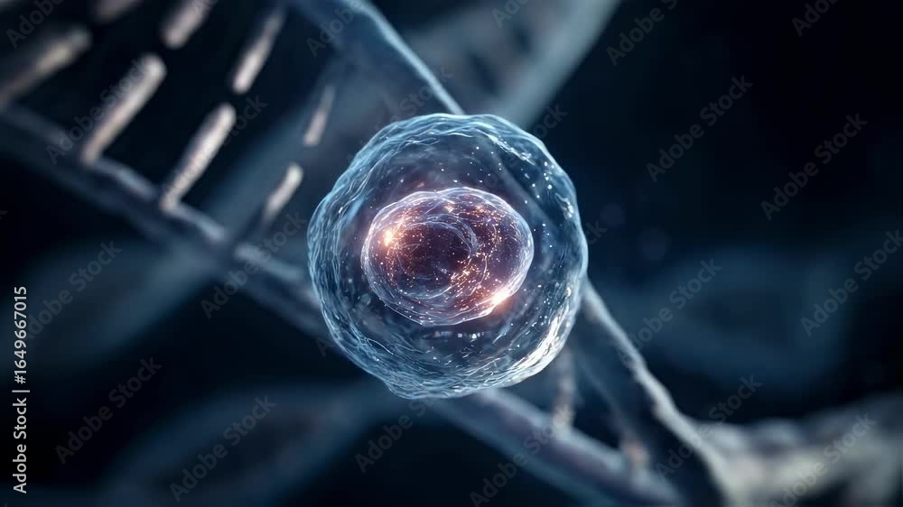 Poster focused medium shot capturing an embryo icon wrapped by overlapping dna helices highlighting the pre