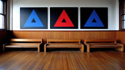 Three large triangular paintings adorn a waiting room.