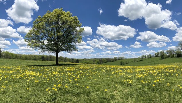 Wide shot of a sunny meadow, vibrant yellow wildflowers, and a solitary tree under a partly cloudy sky - Powered by Adobe