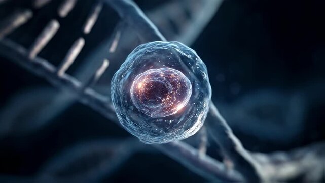 Focused medium shot capturing an embryo icon wrapped by overlapping DNA helices highlighting the precision of mitochondrialreplacement techniques in modern reproductive science.