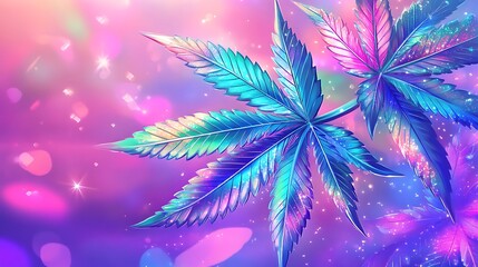 Artistic photo of cannabis leaves in vibrant blues and pinks with bokeh effect background