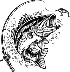 A bold black and white illustration of a bass fish hooked and jumping