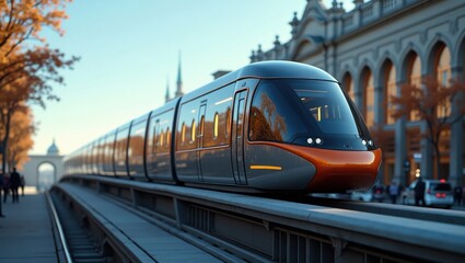 Fototapeta premium Modern train on elevated tracks urban setting transport photography autumn ambiance side view innovation in transit