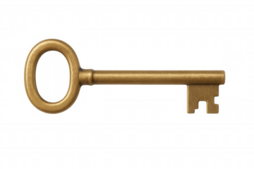 Old golden key isolated on transparent background, symbolizing security, access, and problem-solving