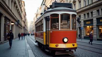 Fototapeta premium Vintage tram passing through historic city street urban transport daylight scenic view cultural heritage