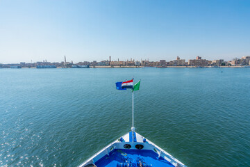 A close-up view from the bow of a cruise ship on the Nile River, showcasing the Egyptian and Luxor...