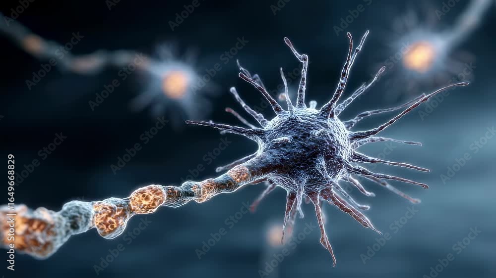 Poster medium frame featuring a spiky viral particle shifting into a neuron with visibly damaged patchy mye