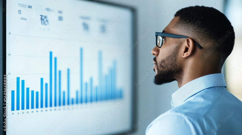 Poster man analyzing data graph on screen, business , analytics