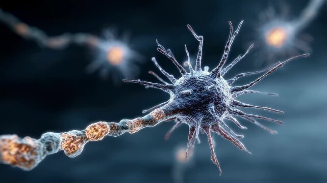 Medium frame featuring a spiky viral particle shifting into a neuron with visibly damaged patchy myelin illustrating infectiondriven nervous system decline.