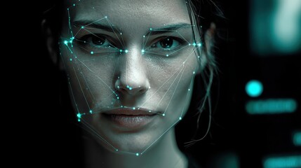 Woman's face with digital interface overlay for biometric identification