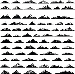 Mountain Silhouette Icon Set Featuring Snow-Capped Peaks, Rugged Ranges, and Diverse Summit Styles in Monochrome Design
