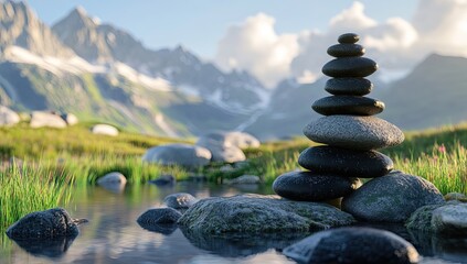 Stone stack in tranquil alpine setting