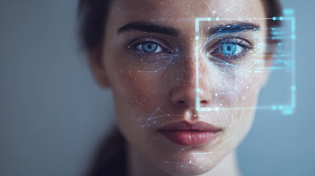 Woman with digital interface overlay for biometric identification scan