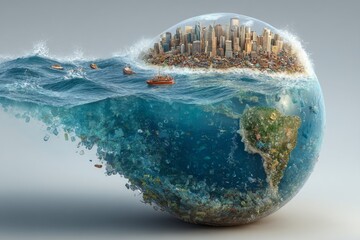 A globe illustrates the impact of rising ocean levels, with urban areas submerged in water while debris and waste threaten marine ecosystems. Climate change effects are depicted Generative AI